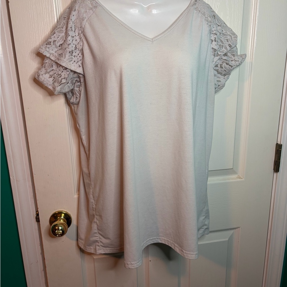 FREEOAK Lace Sleeve V-Neck Blouse White Short Sleeve 2XL Plus Women’s Top